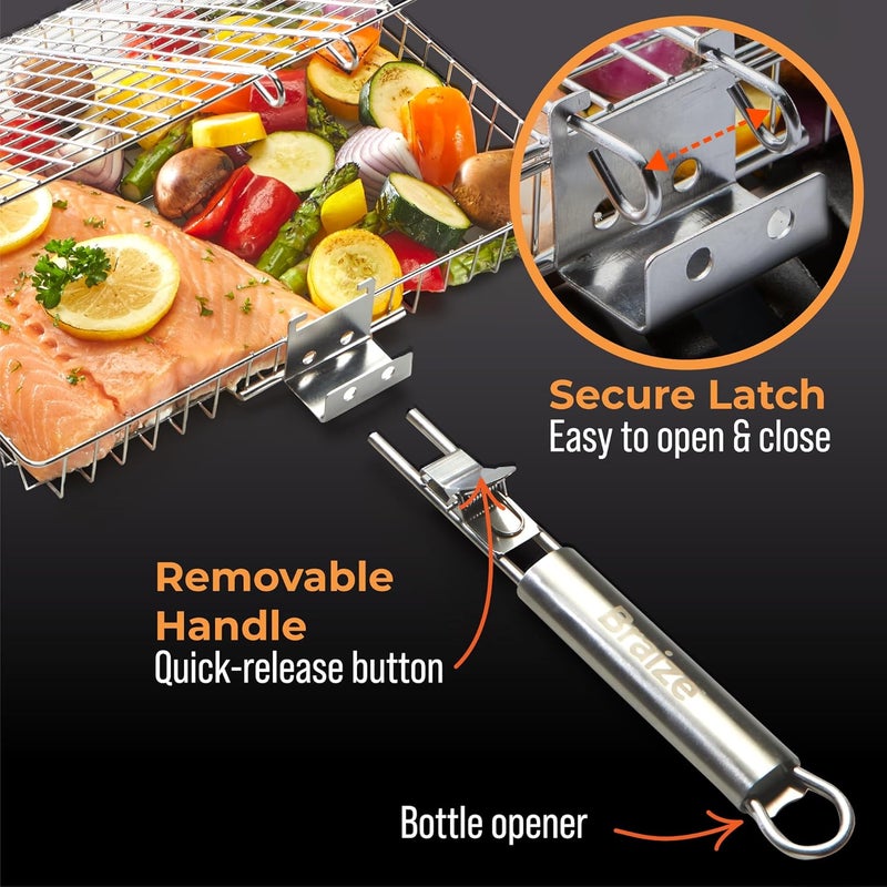 Braize Stainless Steel Large Grill Basket with Removable Handle – 12.25 x 9.5 x 1.5 Inch BBQ Vegetable Basket with Easy Open Lid, Silicone Basting Brush & Scrub Sponge – Outdoor Cooking & Camping Accessory - Image 2